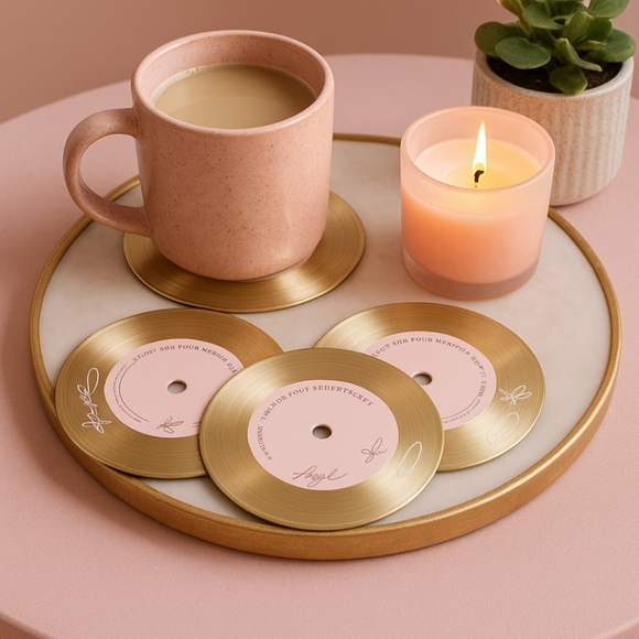NWT Dolly Parton Gold Pink Vinyl Record Wooden Coasters Set of 4 - Picture 1 of 5